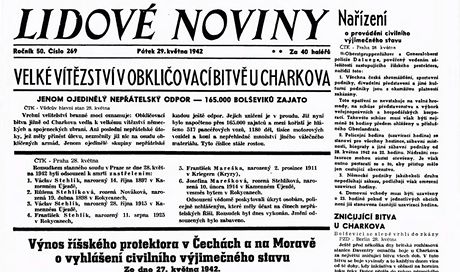 Titulní strana odpoledních Lidových novin z 29. kvtna 1942.