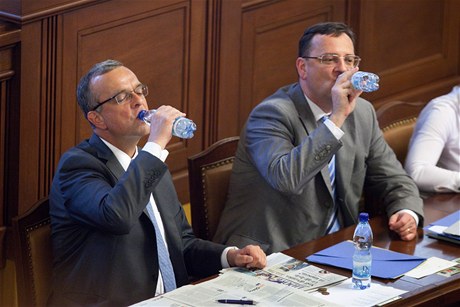 Miroslav Kalousek (vlevo) s Petrem Neasem bhem jednání o vydání Vlasty Parkanové v poslanecké snmovn