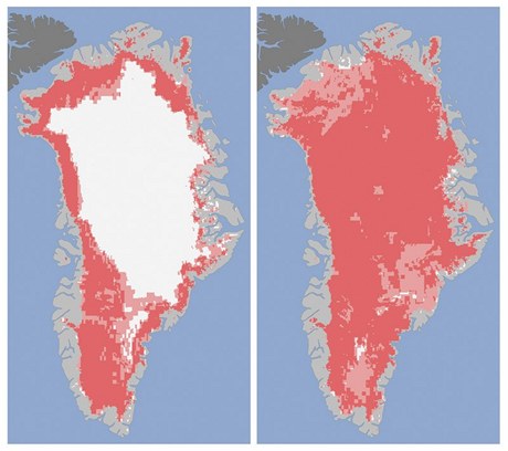 Na levém snímku poízeném 4. ervence povrch Grónska pokrývá ledová vrstva (bílá barva). O yti dny pozdji vak po ledu není ani stopy. 