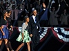 Barack Obama pichází s rodinou na podium, z kterého pednesl vítzný projev