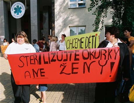 Romské eny protestovaly v lét 2006 ped ostravskou nemocnicí Fifejdy proti nedobrovolným sterilizacím s transparentem Sterilizujte okurky a ne eny!