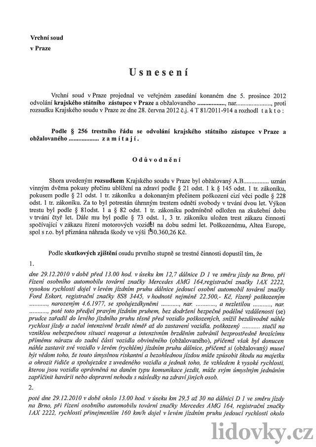 Usnesení o odvolání Alee Trpiovského k vrchnímu soudu - strana 1