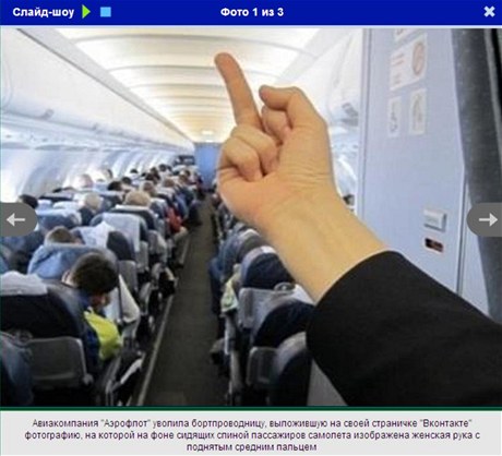 Za snímek se vztyeným prstem dostala letuka Aeroflotu výpov 