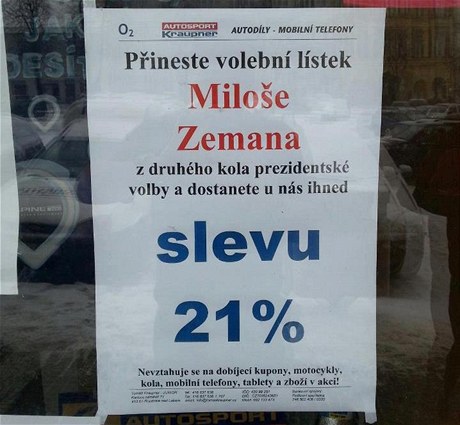 Leták láká na 21% slevu za volební lístek Miloe Zemana.