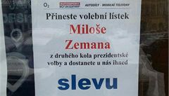 Leták láká na 21% slevu za volební lístek Miloe Zemana.