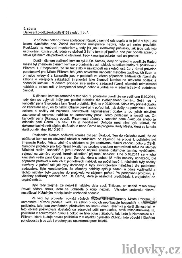 Usnesení policie o prodeji píbramské polikliniky