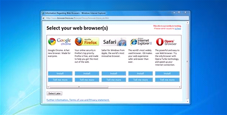 Obrazovka slouící k výbru internetového prohlíee na operaním systému Windows.