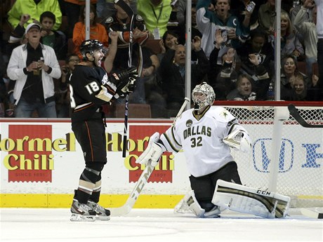 eský hokejista Anaheimu Ducks Radek Dvoák (vlevo) a branká Dallasu Stars Kari Lehtonen