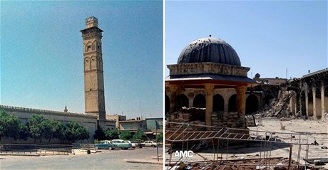 V syrském Aleppu spadl vzácný minaret (vlevo archivní snímek z roku 1973).