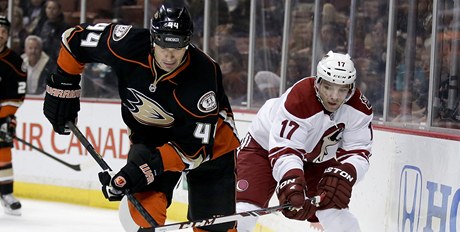 eský hokejista Phoenixu Coyotes Radim Vrbata (vpravo) a Sheldon Souray z Anaheimu Ducks