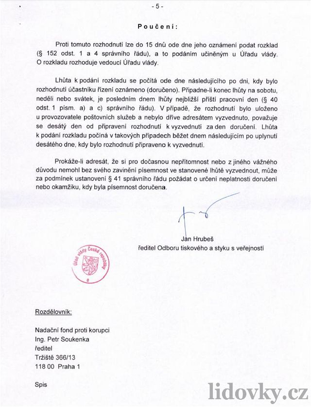 Odmítnutí Úadu vlády zveejnit na ádost NFPK mzdu Jany Nagyové (5)