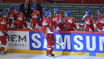 Česko - Norsko. Střelec čtvrtého gólu Martin Hanzal (vpředu uprostřed) se raduje se spoluhráči na střídačce | na serveru Lidovky.cz | aktuální zprávy