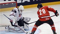 Švýcarsko - USA. Americký brankář John Gibson (vlevo) a švýcarský útočník Martin Plüss | na serveru Lidovky.cz | aktuální zprávy