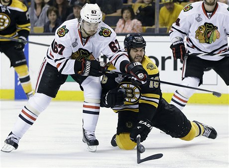 eský hokejista Chicaga Blackhawks Michael Frolík (vlevo) a Nathan Horton z Bostonu Bruins