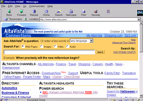 Vyhledáva AltaVista v roce 1999.
