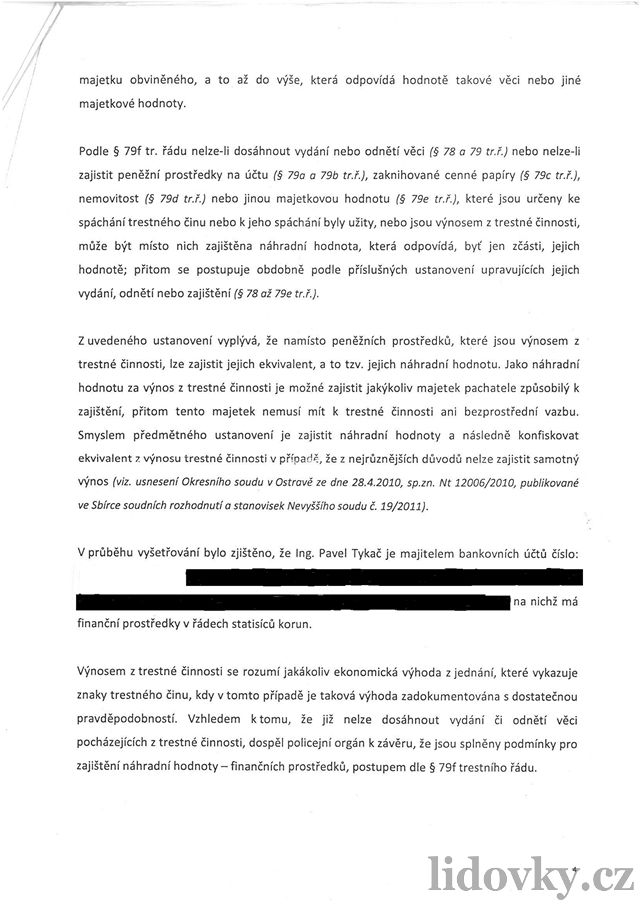 Usnesení policejního UOKFK o zajitní majetku Pavla Tykae.