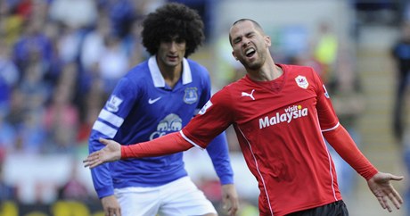 Fotbalista Evertonu Marouane Fellaini (vlevo) a Matt Connolly z Cardiffu City