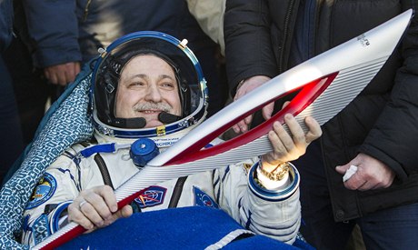 Kosmonaut Fyodor Yurchikhin, který z kosmické stanice vrátil olympijskou pochode na Zem.