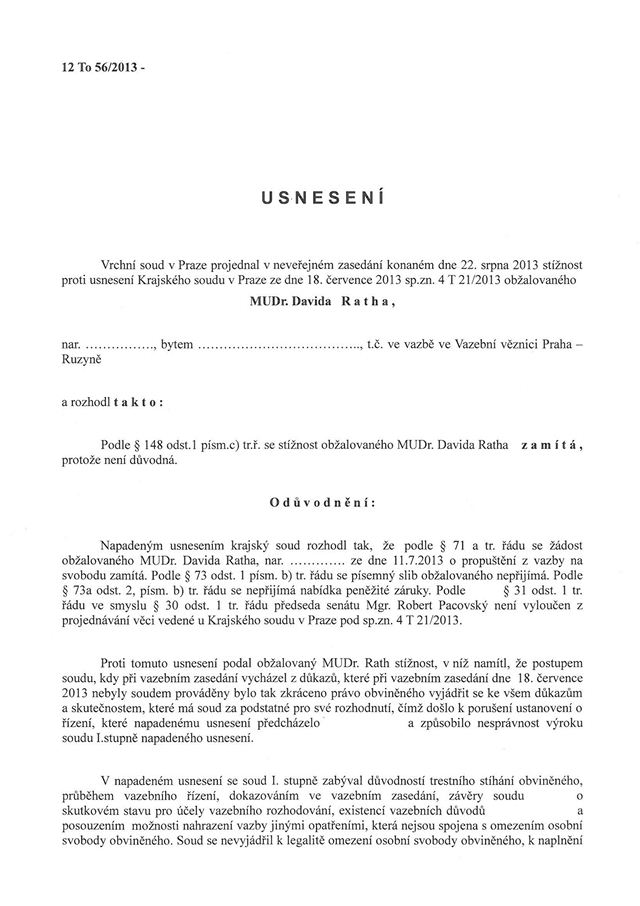 Vrchním soudem zamítnutá poslední stínost Davida Ratha (22. srpen 2013) strana 1