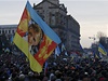 Proevroptí dmonstranti mávají vlajkou s vyobrazením Tymoenkové. 