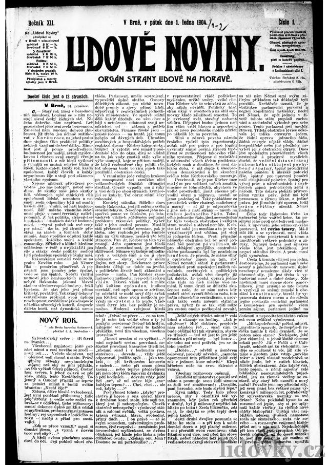 Titulní strana prvního vydání Lidových novin roku 1904.
