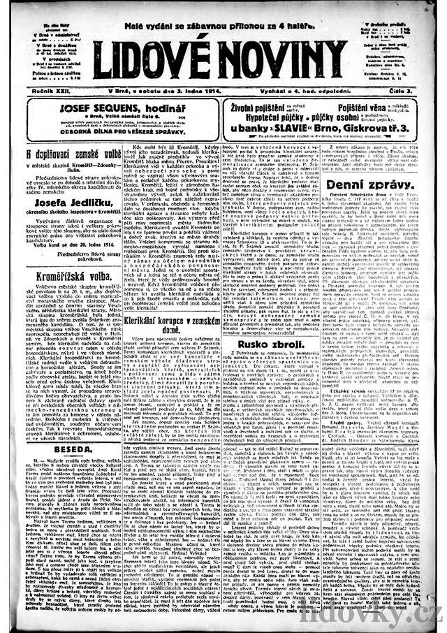 Titulní strana prvního vydání Lidových novin roku 1914.