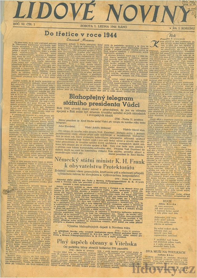 Titulní strana prvního vydání Lidových novin roku 1944.