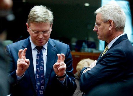 Czech EU Commissioner tefan Füle (left) with Swedish foreign minister Carl Bildt  an advocate of tough sanctions against Belarus  at EU Foreign Affairs Council