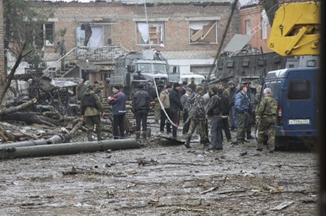Aftermath of a suicide bombing in Khasavyurt, Dagestan, in October 2010, in which a policeman was killed and seven injured