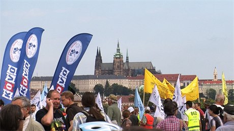 Strikers assemble near Prague Castle, where the presidents birthday party was to take place