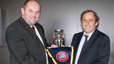 Miroslav Pelta (left) with football legend Michele Platini as the Czech football boss goes for goal over an under 21 championship