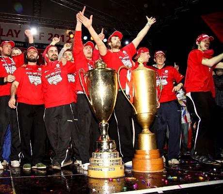 HC Pardubice players celebrate on their return Pardubice in the early hours of Friday