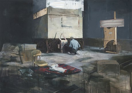 Daniel Pitín: Ztracený architekt (2008). Olej, akryl, kou svíky a papír klíený na plátn, 150 x 210 cm.