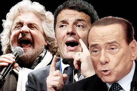 Hlavní protagonisté souasné italské politiky (zleva): Beppe Grillo, Matteo Renzi a Silvio Berlusconi.