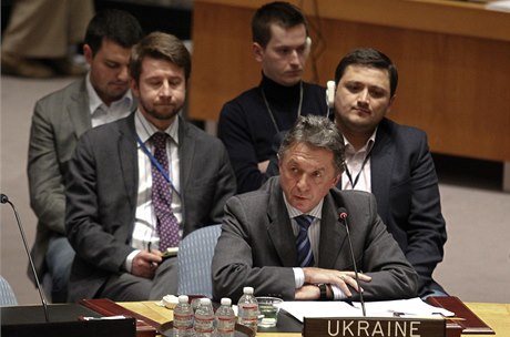 Ukrajinský velvyslanec pi OSN Jurij Serhijev mluví na zasedání Rady bezpenosti OSN v New Yorku.