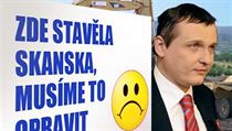 Former transport minister, Vít Bárta (left) with the sign reading “Skanska built here. we must repair it” Former transport minister, Vít Bárta (left) with the sign reading “Skanska built here. we must repair it”