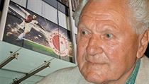Legendary footballer Josef Bican with Slavia's stadium in the background Legendary footballer Josef Bican with Slavia's stadium in the background