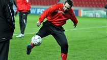 Veteran campaigner and team captain Pavel Horváth warming up on the pitch Veteran campaigner and team captain Pavel Horváth warming up on the pitch