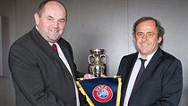 Miroslav Pelta (left) with football legend Michele Platini as the Czech football boss goes for goal over an under 21 championship Miroslav Pelta (left) with football legend Michele Platini as the Czech football boss goes for goal over an under 21 championship