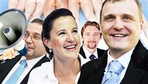 Někteří z hlavních představitelů absurdního dramatu a posléze Matějské poutě (z leva do prava): ministr školství Josef Dobeš (alias velký Dobeš), první místopředsedkyně VV Karolína Peake, ministr dopravy Pavel Dobeš (alias malý Dobeš) a superguru strany Někteří z hlavních představitelů absurdního dramatu a posléze Matějské poutě (z leva do prava): ministr školství Josef Dobeš (alias velký Dobeš), první místopředsedkyně VV Karolína Peake, ministr dopravy Pavel Dobeš (alias malý Dobeš) a superguru strany