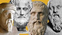 Zleva: Pythagoras, Sókratés, Platón, Aristotelés. Zleva: Pythagoras, Sókratés, Platón, Aristotelés.