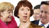Baronce Ashtonové (uprostřed) se nějak nedaří ukočírovat společnou zahraniční politiku EU. Baronce Ashtonové (uprostřed) se nějak nedaří ukočírovat společnou zahraniční politiku EU.