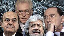 Hlavní hráči v italských parlamentních volbách (zleva doprava): předseda Demokratické strany Pier Luigi Bersani; odstupující předseda úřednické vlády Mario Monti; lídr radikálního populistického Hnutí pěti hvězd Beppe Grill a šéf pravicového bloku Silvio Hlavní hráči v italských parlamentních volbách (zleva doprava): předseda Demokratické strany Pier Luigi Bersani; odstupující předseda úřednické vlády Mario Monti; lídr radikálního populistického Hnutí pěti hvězd Beppe Grill a šéf pravicového bloku Silvio