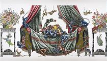 Raqib Shaw: Budoár Opičího krále II (2012). Grafit, akryl, třpytky, email, štras na papíře, 136 x 288,5 x 6,5 cm (Galerie Thaddaeus Ropac, Paříž-Salzburg). Raqib Shaw: Budoár Opičího krále II (2012). Grafit, akryl, třpytky, email, štras na papíře, 136 x 288,5 x 6,5 cm (Galerie Thaddaeus Ropac, Paříž-Salzburg).