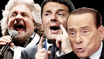 Hlavní protagonisté současné italské politiky (zleva): Beppe Grillo, Matteo Renzi a Silvio Berlusconi. Hlavní protagonisté současné italské politiky (zleva): Beppe Grillo, Matteo Renzi a Silvio Berlusconi.