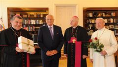 Archbishop Duka (left) and fellow priests bearing gifts (and roses) for President Klaus on his 70th birthday. Klaus vetoed the 2006 registered partnership act allowing gays and lesbians the same rights as hetrosexual couples, but the lower house of Parli Archbishop Duka (left) and fellow priests bearing gifts (and roses) for President Klaus on his 70th birthday. Klaus vetoed the 2006 registered partnership act allowing gays and lesbians the same rights as hetrosexual couples, but the lower house of Parli