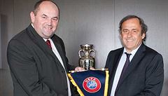Miroslav Pelta (left) with football legend Michele Platini as the Czech football boss goes for goal over an under 21 championship Miroslav Pelta (left) with football legend Michele Platini as the Czech football boss goes for goal over an under 21 championship