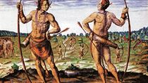 Jedno z prvních evropských zobrazení amerických Indiánů z oblasti dnešní Virginie, jak je publikoval rytec Théodor de Bry kolem roku 1590. Jde o směnný obchod? Jedno z prvních evropských zobrazení amerických Indiánů z oblasti dnešní Virginie, jak je publikoval rytec Théodor de Bry kolem roku 1590. Jde o směnný obchod?