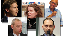 Uchazeči o ředitele Ústavu pro sudium totalitních režimů (zleva do prava): Adrian Portmann von Arburg, Muriel Blaiveová, Karel Světnička, Viktor Meca a Zdeněk Hazdra. Uchazeči o ředitele Ústavu pro sudium totalitních režimů (zleva do prava): Adrian Portmann von Arburg, Muriel Blaiveová, Karel Světnička, Viktor Meca a Zdeněk Hazdra.