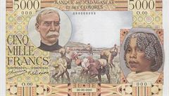 Francouzský generál Joseph Gallieni na bankovce madagaskarského franku z roku 1950. Uprostřed tamní ženy na rýžové plantáži. Francouzský generál Joseph Gallieni na bankovce madagaskarského franku z roku 1950. Uprostřed tamní ženy na rýžové plantáži.
